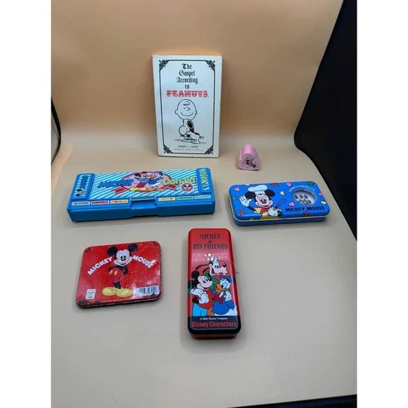 Vintage The Gospel According To Peanuts 1965 & Lot Of 5 Mickey Mouse Pencil Case