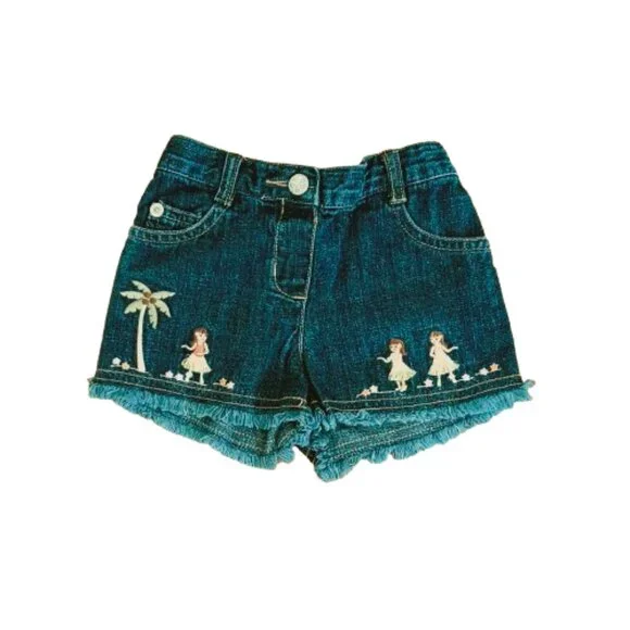 Gymboree Girls Embroidered Hawaiian Shorts 6-12m Denim Pull On Jean Cut Offs