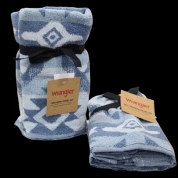 4pc Wrangler Hand & Tip Towels Blue Aztec Super Soft Western Ranch Cowboy NEW