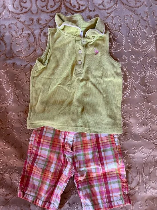 Gymboree pink, orange and green plaid shorts and green sleeveless top, size 4