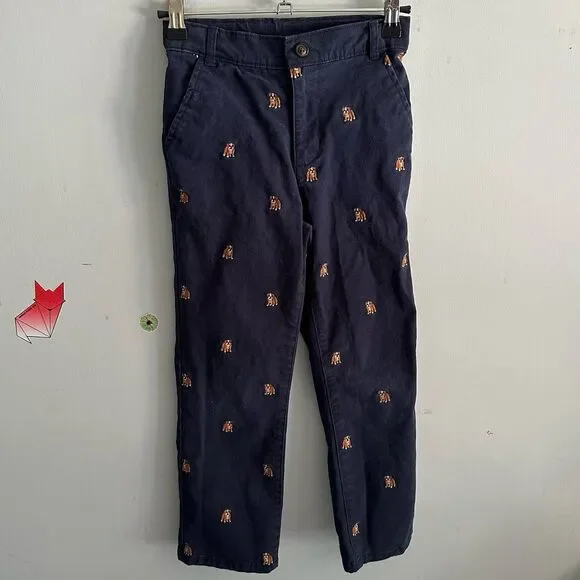 Gymboree Navy Blue Chino Pants with Tiny Bulldogs All Over Embroidery Size 6