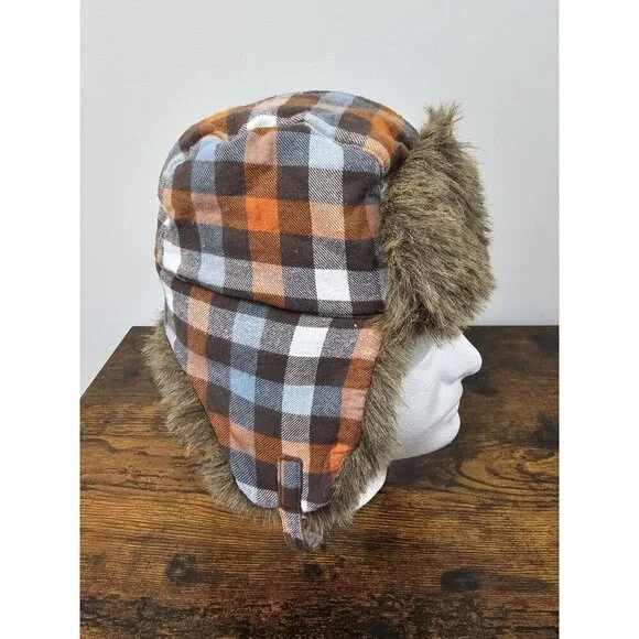Gymboree Greatest Big Brother Line Orange Plaid Trapper Faux Fur Hat Size 4T-5T