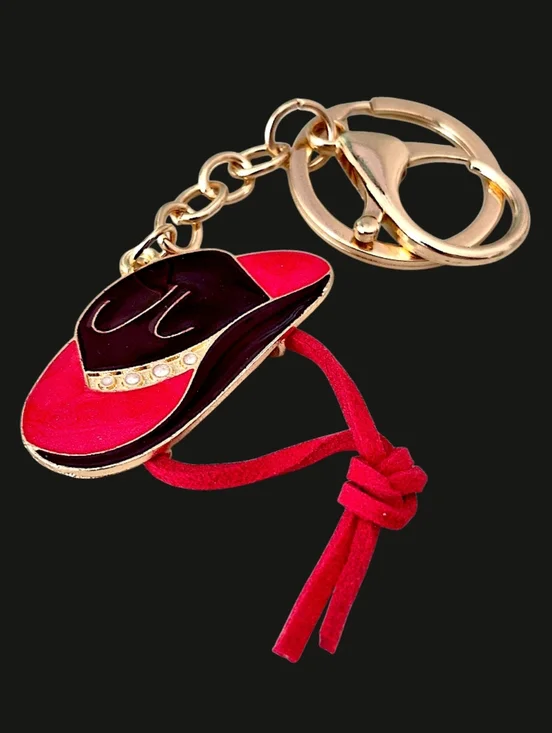 Western Cowboy Hat Bag Charm / Keychain with Red Suede Tassel