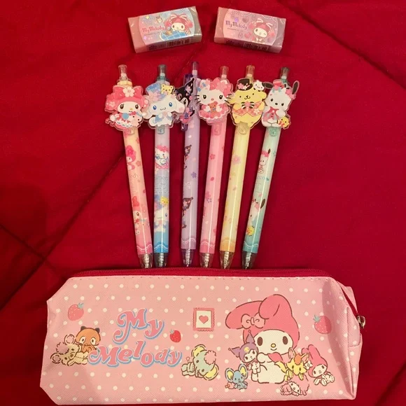 Sanrio pencil case 6 pens and 2 erasers bundle set 💕
