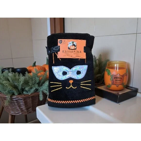 2 Black Orange Halloween Pumpkin Kitty Cat Hand Towels Cotton Embroidered