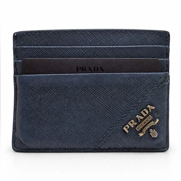Prada Saffiano Metal Card Holder Bluette Navy w/ Box Receipt