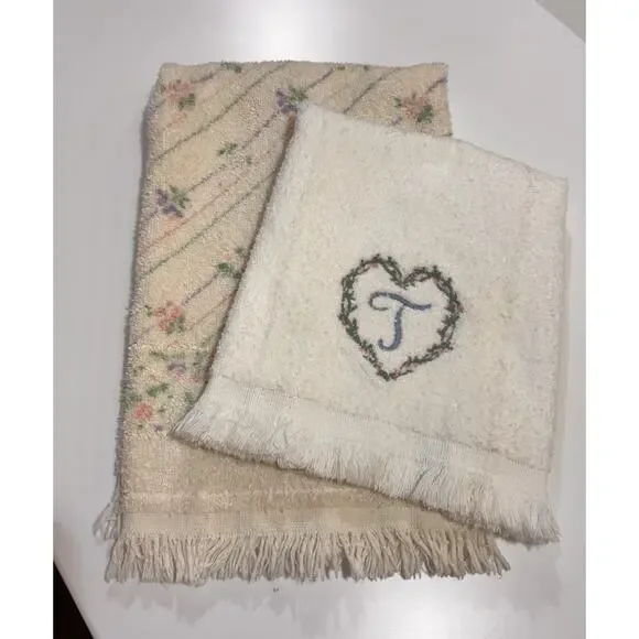 Vintage CANNON Monogrammed T Embroidered Hand Towel Pastel Floral Glam Set