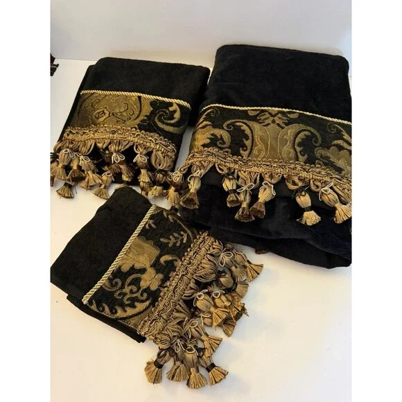 SHERRY KLINE CHINA ART BLACK & GOLD JACQUARD 3 Piece Towel Set Fringe Embellish