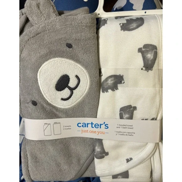 Carter's Just One You Hooded Towel & 1 Bath Towel‎ Grey And White Bear Theme.