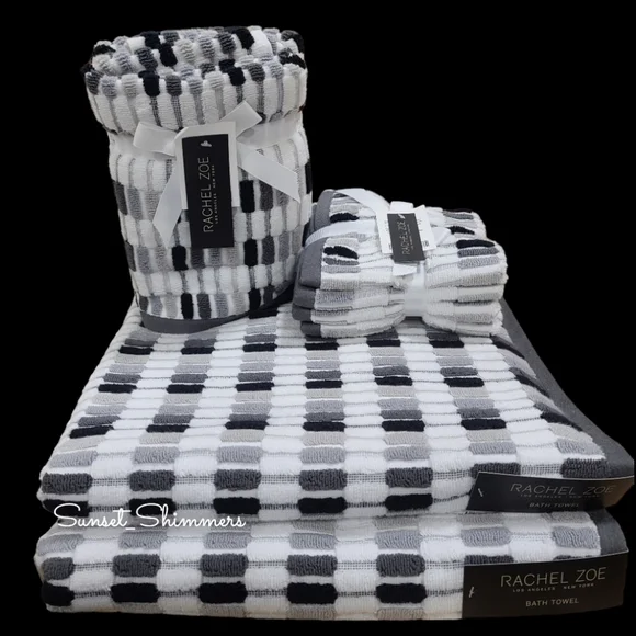 8pc Rachel Zoe Mosaic 100% Cotton Bath Hand Washcloth Towel Set Black Gray Ombre