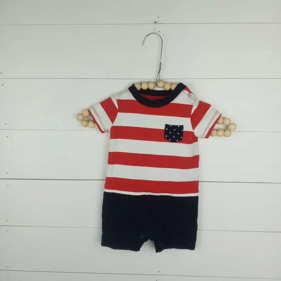 Gymboree boys size 3-6 mos red white blue striped romper navy bottom, stripes