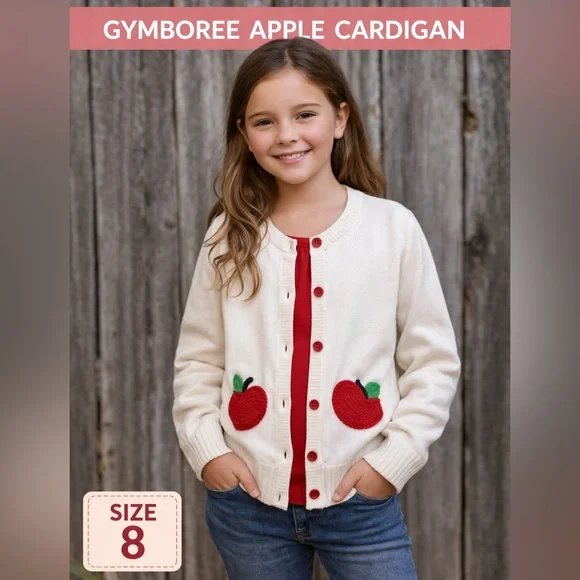 Gymboree Apple Cardigan Sweater Girls Size 8 Cream Knit Cute Fall