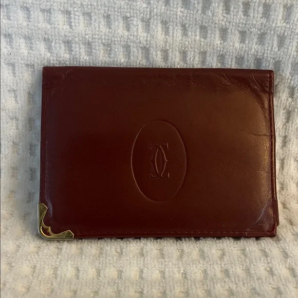 Cartier Burgundy Leather Card Holder with Gold Corner