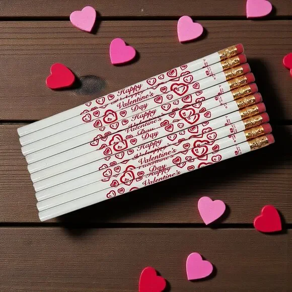Vintage Valentine’s Day Pencils Lot of 10 Unsharpened Atlas #2 USA Hearts Red