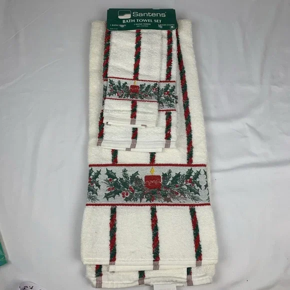 Santana Bath Towel Set Vintage Christmas Candle, Holy Red‎ And Green Made In USA