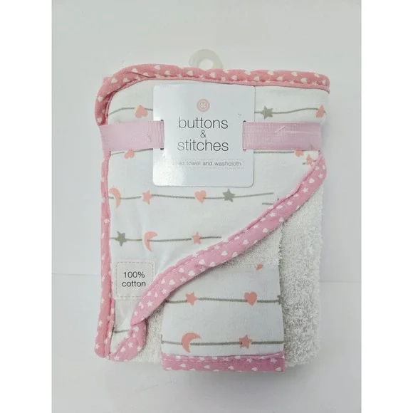 Baby Girls Buttons & Stitches Heart Hooded Bath Towel and washcloth NEW x2