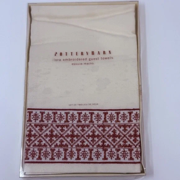 Pottery Barn Flora Embroidered Guest Towels Set Of 2 in Box - Red/Cream