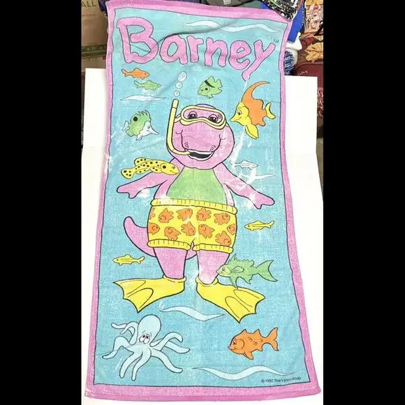 Vintage Barney Bath Beach Towel 57”x28.5” 1992 Snorkel Water FADED DISTRESSED