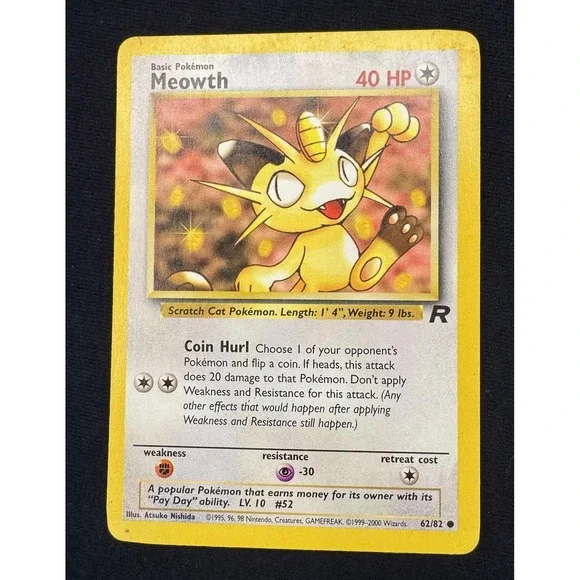 Pokemon Team rocket Meowth Card‎ 62/82 Base Set R Rare