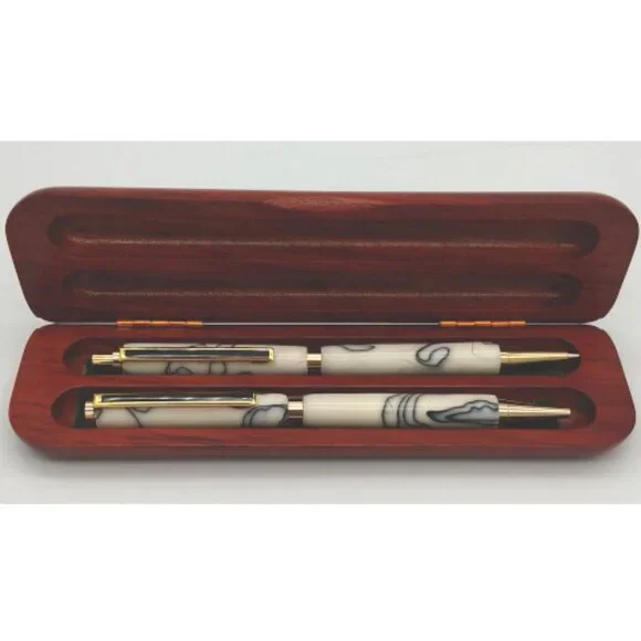 Pen & Pencil Set - Marble Design & Light Cherrywood Case