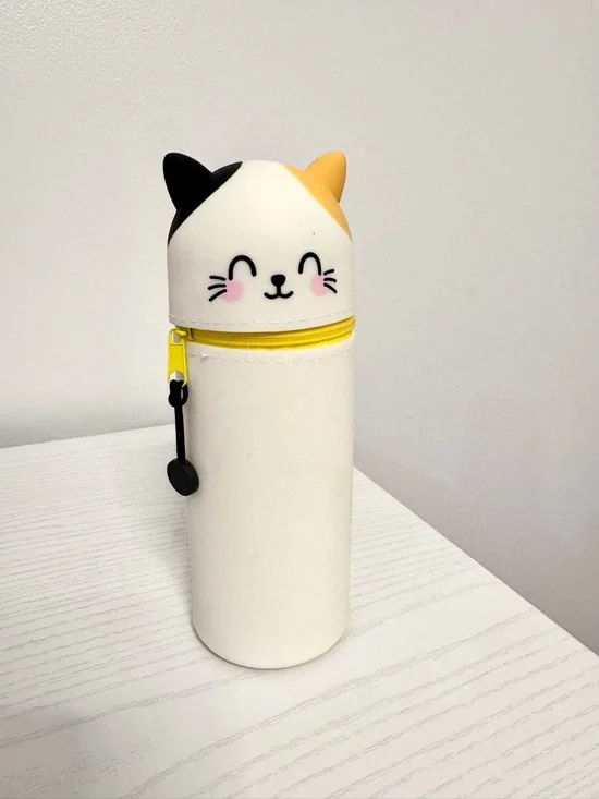 Cute Cat Silicone Pen Pencil Standing Case Storage - White with Yellow Accent