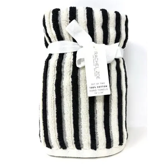 Rachel Zoe Black Ivory Off White Stripes Hand Towels 18x28” Plush NWT 2