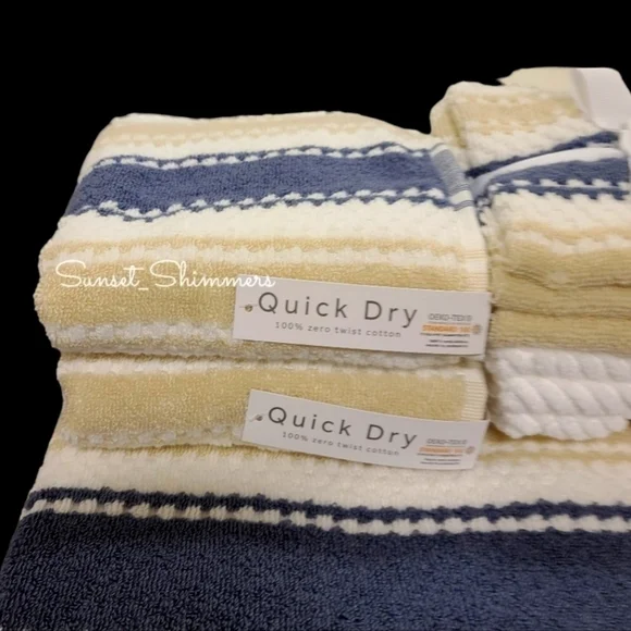 10pc Quick Dry Tan Navy 100% Zero Twist Cotton Bath Hand Washcloth Towel Set
