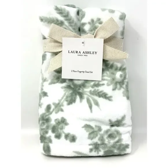 Laura Ashley Floral Bath Fingertip Towel Set 2 Pcs Green White Toile NWT Sage