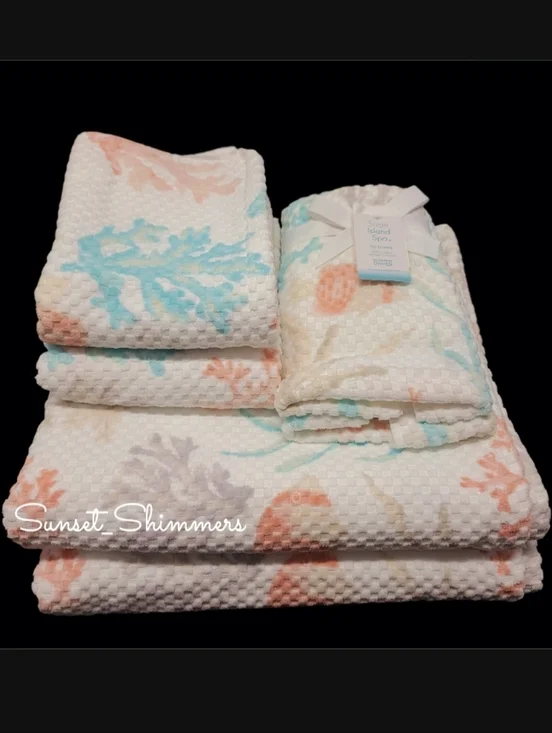 6pc Fish & Sea Coral Coastal Bath Hand Tip Towel Set Sage Island Spa NEW
