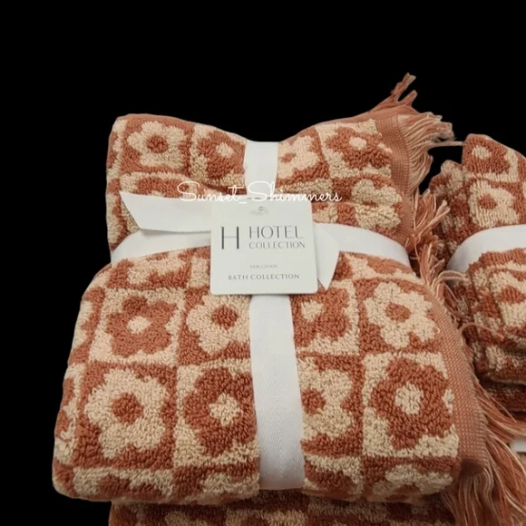 8pc Hotel Collection Spring Bath Hand Washcloth Towel Set Checkered Flowers NEW