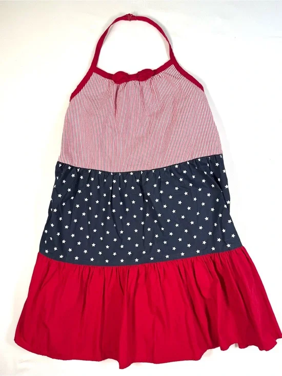 GYMBOREE Girls Americana Stars Stripes Seersucker Halter Dress 12 Patriotic USA