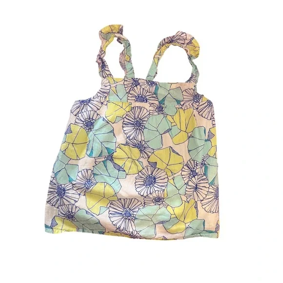 Gymboree Girls Floral Ruffle Strap Tank Top Blue Yellow Green Shimmer Size 6