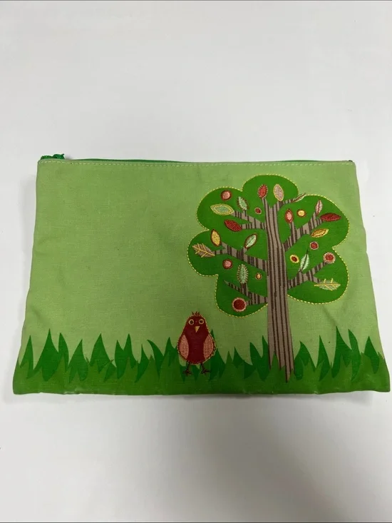 Barnes & Noble Bright Green with Colorful Bird &Tree Design Canvas Pencil Case