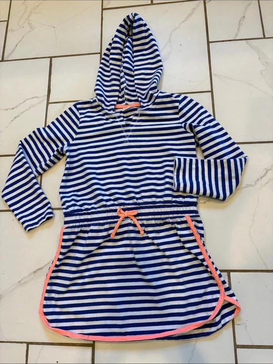 Gymboree Blue, White Striped Hooded Dress with Coral Trim - so cute! size 7/8