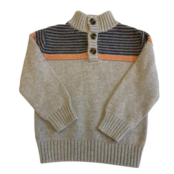 Gymboree Boys XS 4 Gray Striped Mock Neck Button Quarter Placket Cotton Sweater