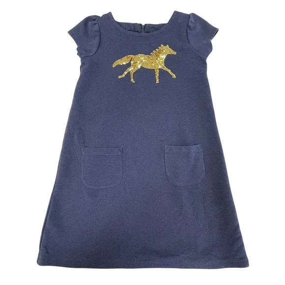 Gymboree Girls Dress Size 8 Navy‎ Gold Sequin Horse Short Sleeve Pockets