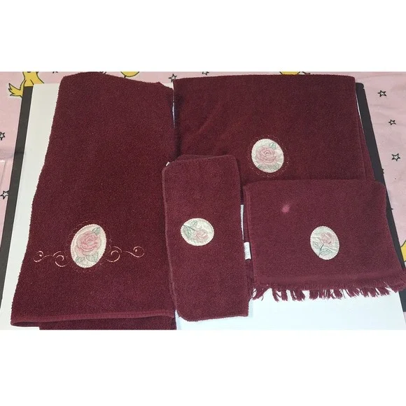 Cannon Vintage Burgundy Towel Set 4pc Pink Rose Floral Applique Cotton Canada