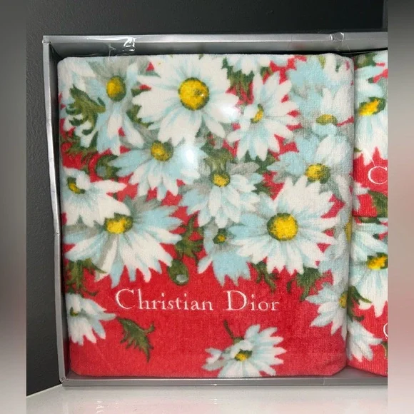 Christian Dior Red Floral Bath Towel Set New in Box