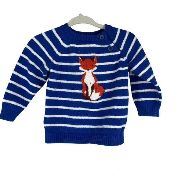 Gymboree Sweater Baby 6-12 Months Blue Cotton Striped Fox Pullover Classic