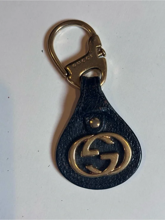Vintage Gucci Double G Gold x Brown Leather Charm Keychain Accessory