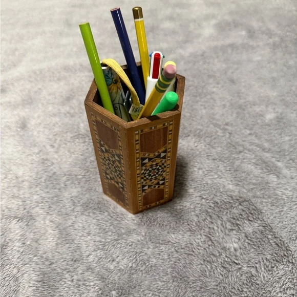 Wooden Pencil Holder with Intricate Design. Middle Eastern