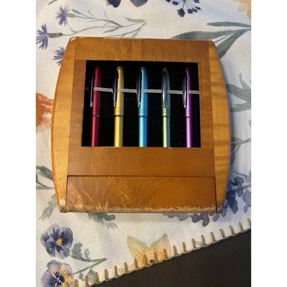 Wood Pen Display Case Holder With Five Ballpoint Pens Included.
