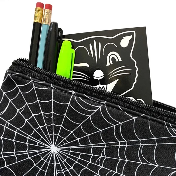 NEW COBWEB SPIDER WEB ZIP NEOPRENE POUCH makeup case pencils goth wallet