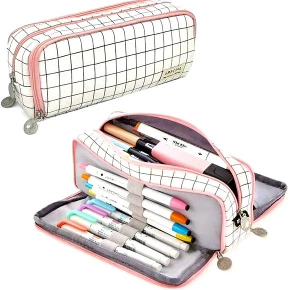 Large Spacious Pencil Case Pouch Organizer Plaid School Office