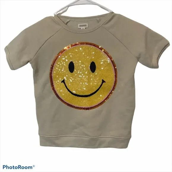 Gymboree Beige Sequins Happy face Emoji Sweatshirt small 5-6