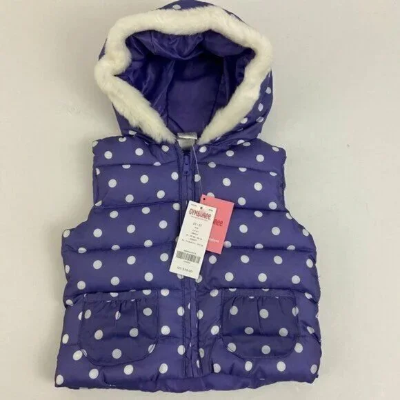 Gymboree Girls Size‎ 2T Purple Polka Dot Hooded Puffer Vest Fur Trim NWT