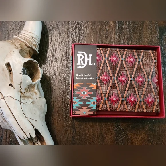 Red Dirt Hat Co. Bifold Leather Wallet - Red & Brown Aztec Pattern