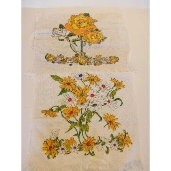 2 Vintage Bath Towels Orange Yellow Floral 60s 70s Cone‎ Made in USA