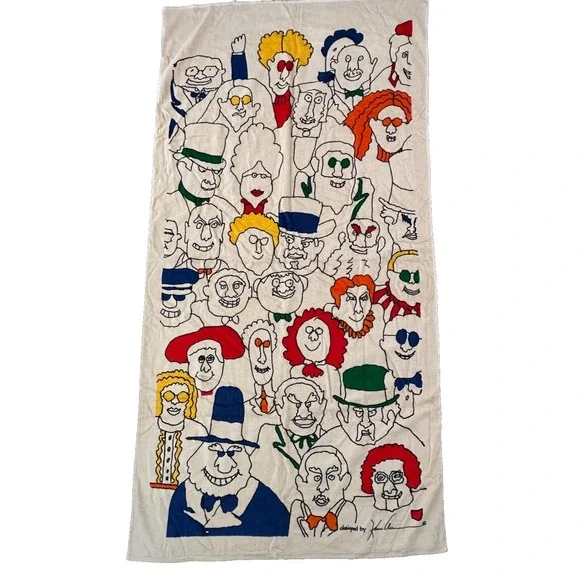 vintage Allen International Large Towel People Faces 60x35 Signed Artist NOS