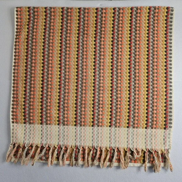 World Market Cotton Bath Towel Striped Dot Texture Fringe Orange Yellow 28x54